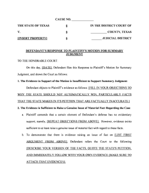 Texas Response to Motion for Summary Judgment Example  Form