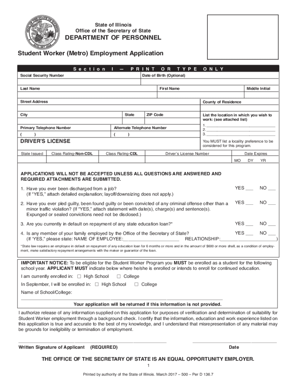  Illinois Secretary of State Student Worker Metro Employement Application Employment Application for a Student Worker in the Metr 2017-2024