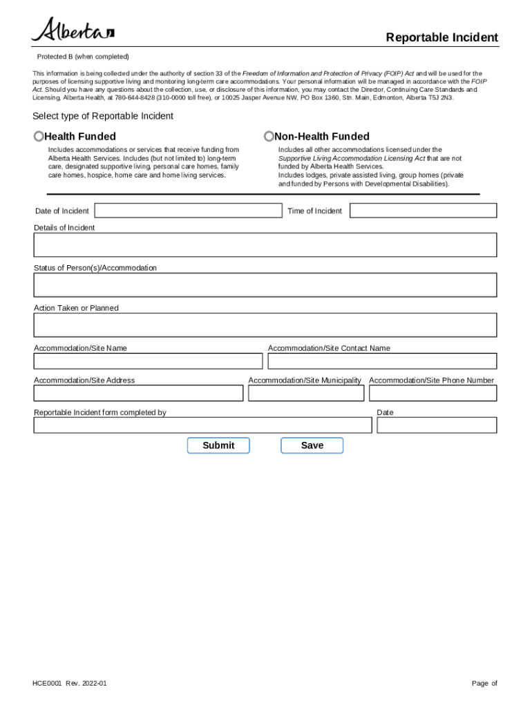 Reportable Incidents Form Used by Facilities Providing Accommodations to Albertans When Reporting an Incident at the Facility to