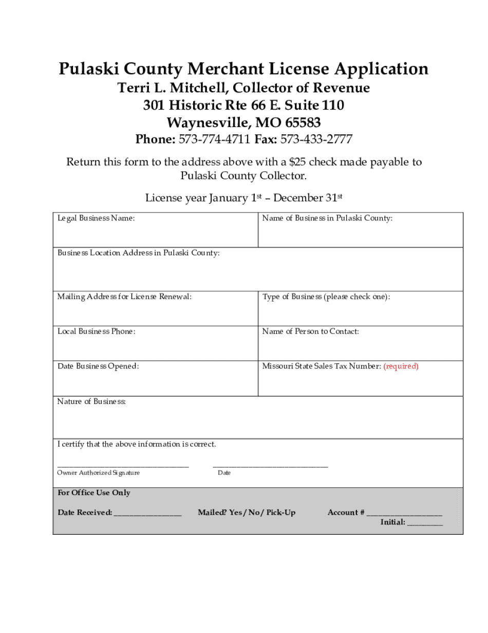  Pulaski County Merchant License Application 2016-2024