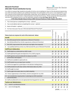 Monarch Preschool Parent Satisfaction Survey Monarch Center for  Form