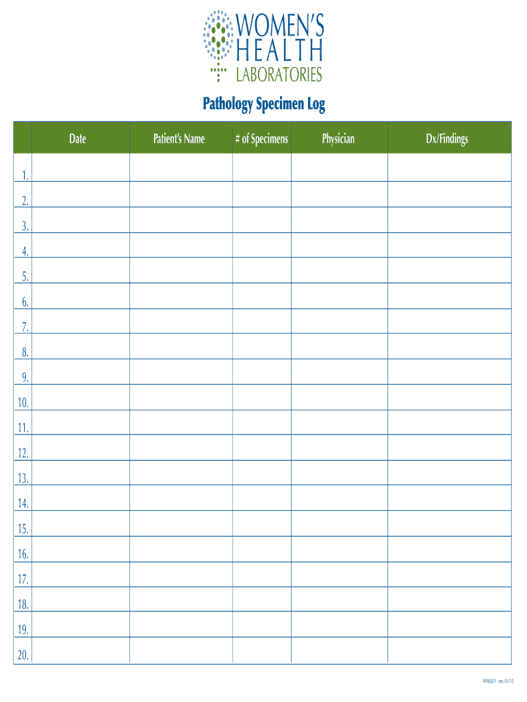 Pathology Specimen Log Form