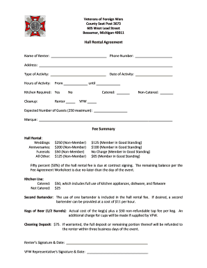 Vfw Hall Rental Agreement  Form