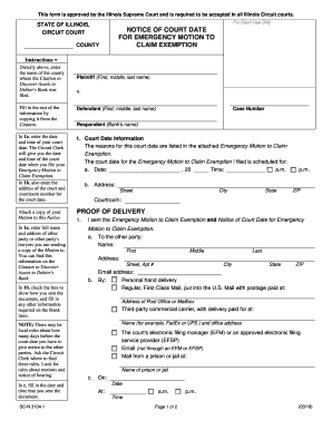  Illinois Statewide Forms Approved Notice of Court Date for Emergency Motion to Claim Exemption 050118 2018