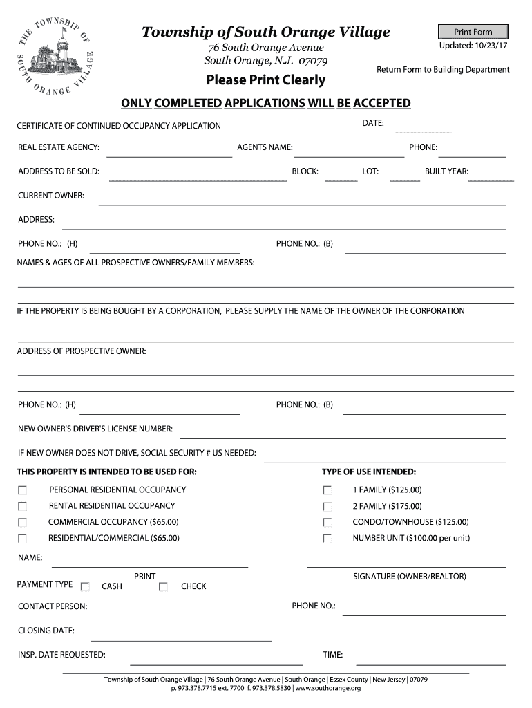 South Orange Certificate of Occupancy  Form