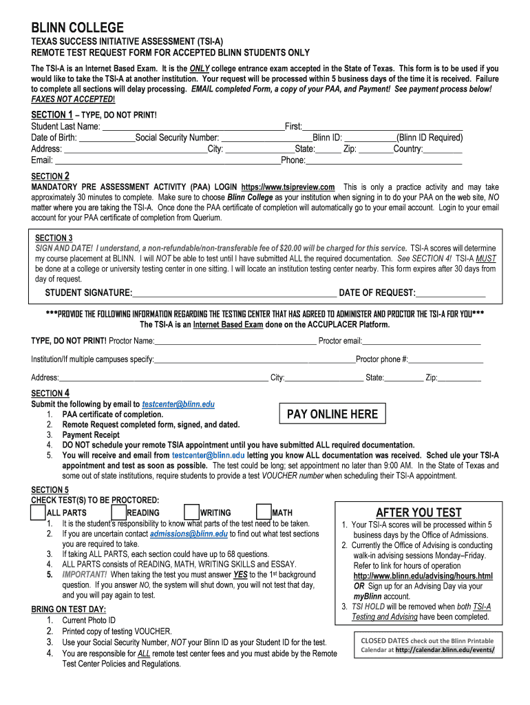 Remote Testing Form Bryan Campus Blinn College