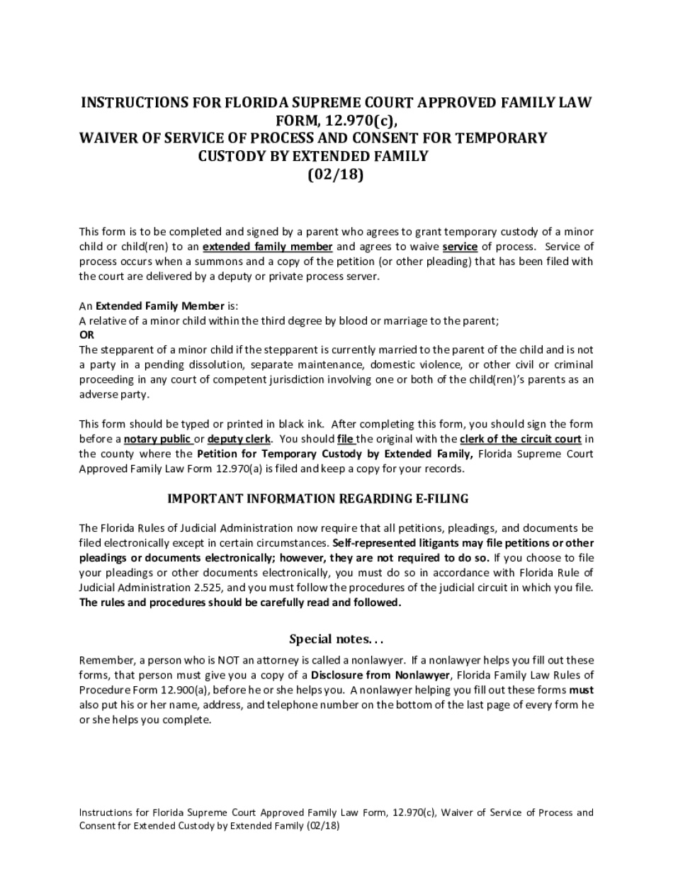  Florida Supreme Court Approved Family Law Form 12 970c, Waiver of Service of Process and Consent for Temporary Custody by Extend 2018