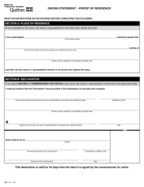 Formulaire 4249 Sworn Statement Proof of Residence RAMQ