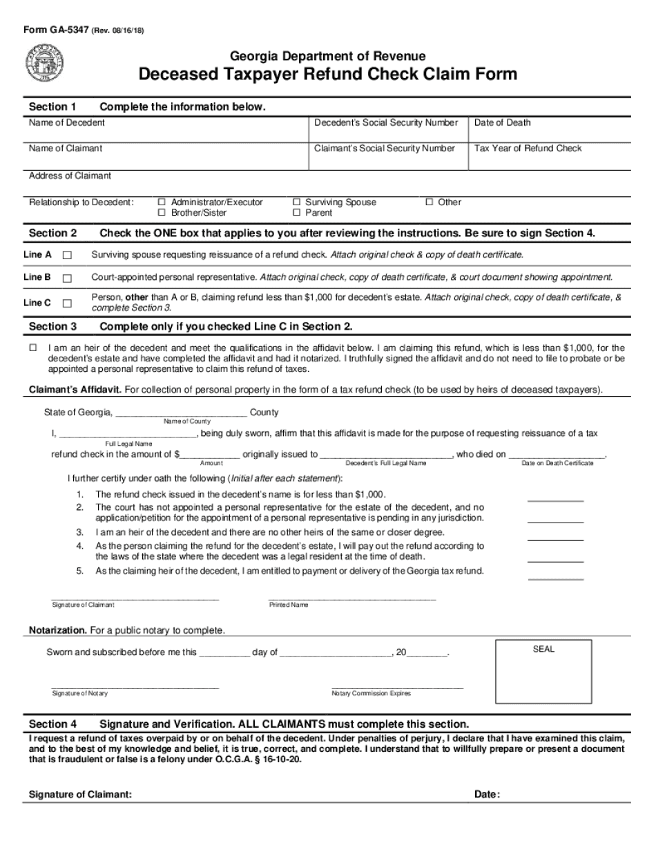  Deceased Taxpayer Refund Check Claim Form 2018-2024