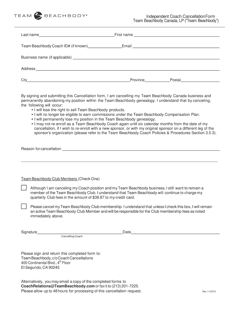  Independent Coach Cancellation Form 2015-2024
