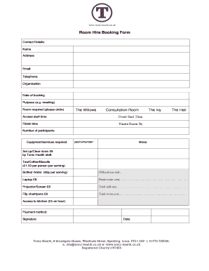 Room Hire Booking Form Tonic Health