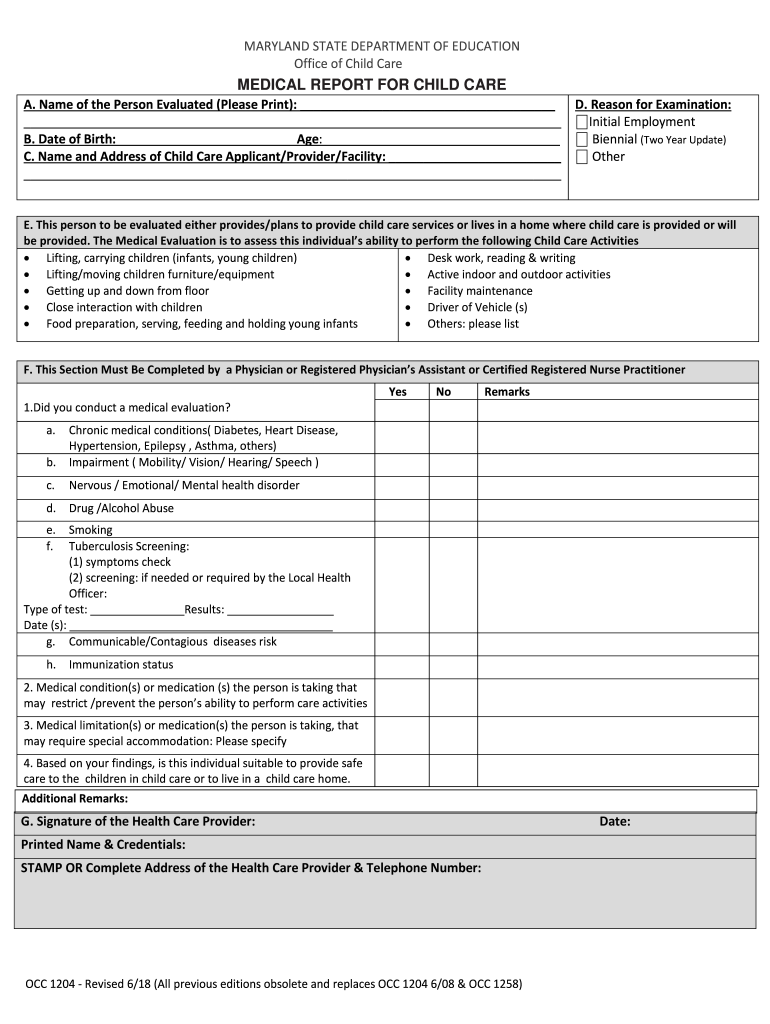 Physican Report Child Care Center  Form