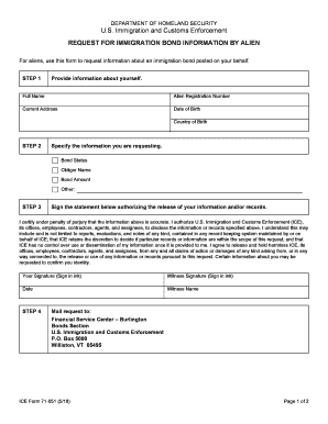 ICE Form 71 051 REQUEST for IMMIGRATION BOND INFORMATION by ALIEN