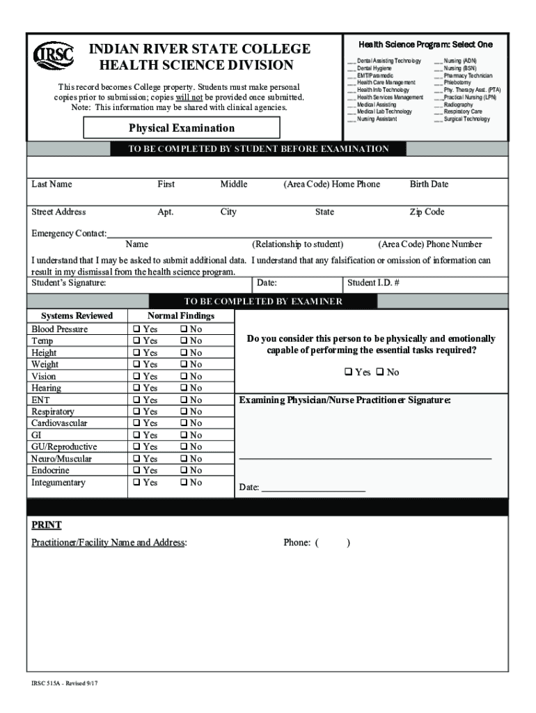  Health Science Physical Exam & Immunization Form Indian River 2017-2024