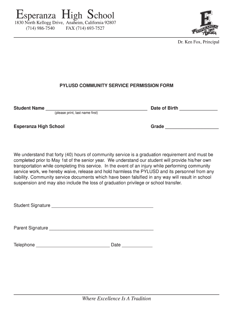 Community Service Permission Slip Indd  Form