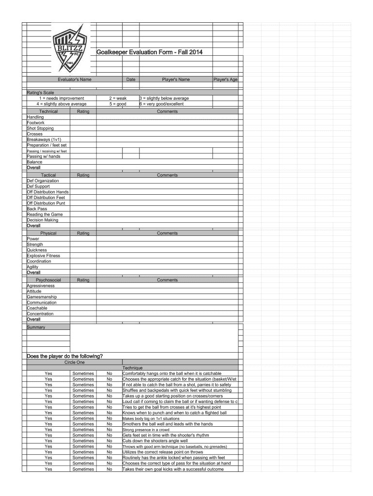 Goalkeeper Evaluation Form