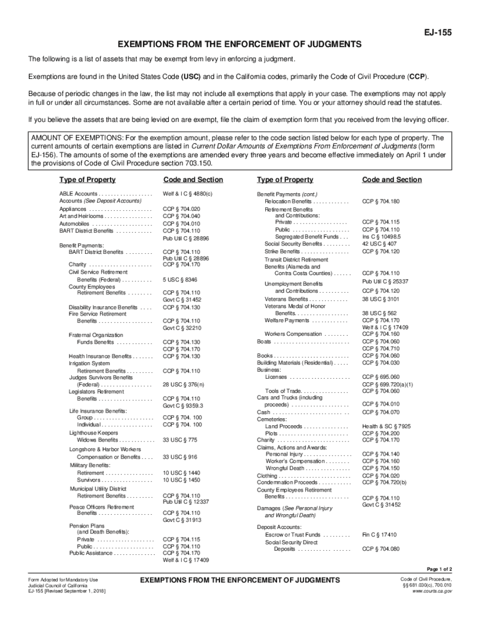  EJ 155 Exemptions from the Enforcement of Judgment Judicial Council Forms 2018