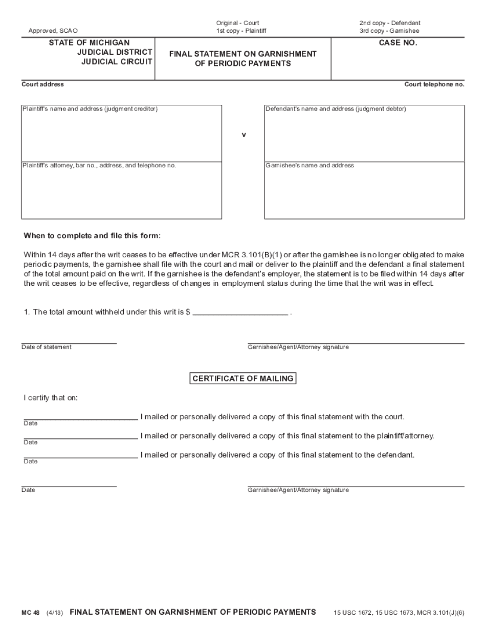 MC 48, Final Statement on Garnishment of Periodic Payments  Form