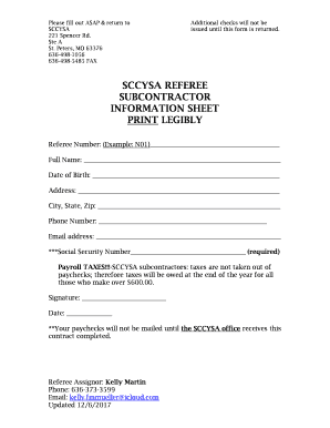 SUB CONTRACTOR SHEET REFEREE  Form
