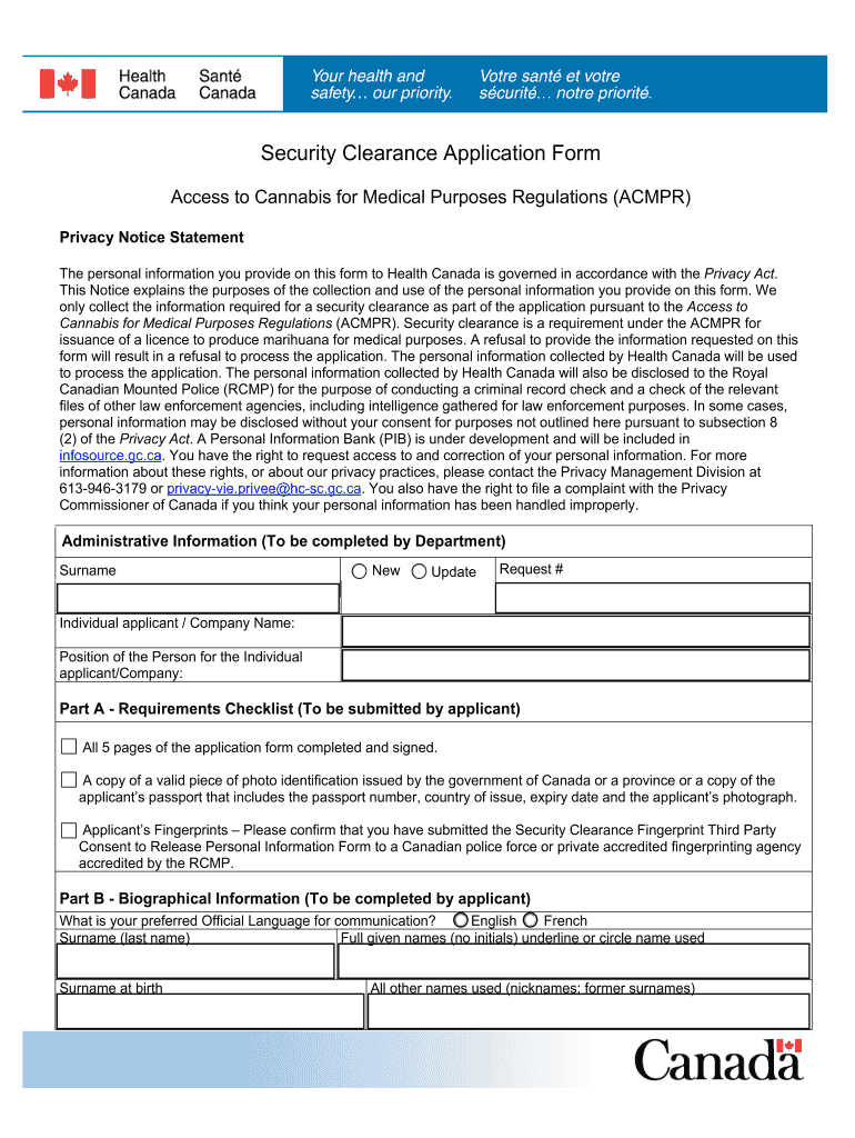 Canada Security Clearance Health  Form