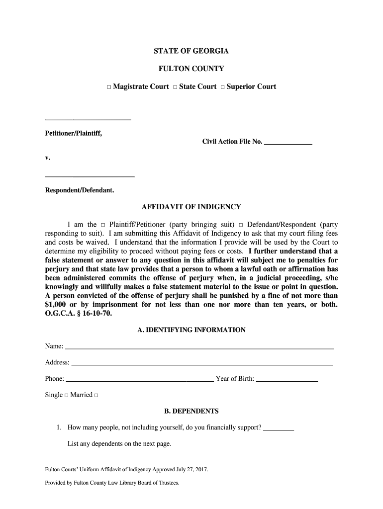 Get and Sign Poverty Affidavit Superior Court of Fulton County 2017-2022 Form