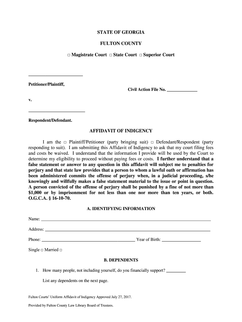  Poverty Affidavit Superior Court of Fulton County 2017-2024