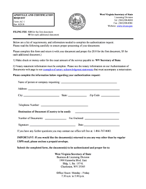  Apostille and Certification Request Form AC 1 WV Secretary of 2018