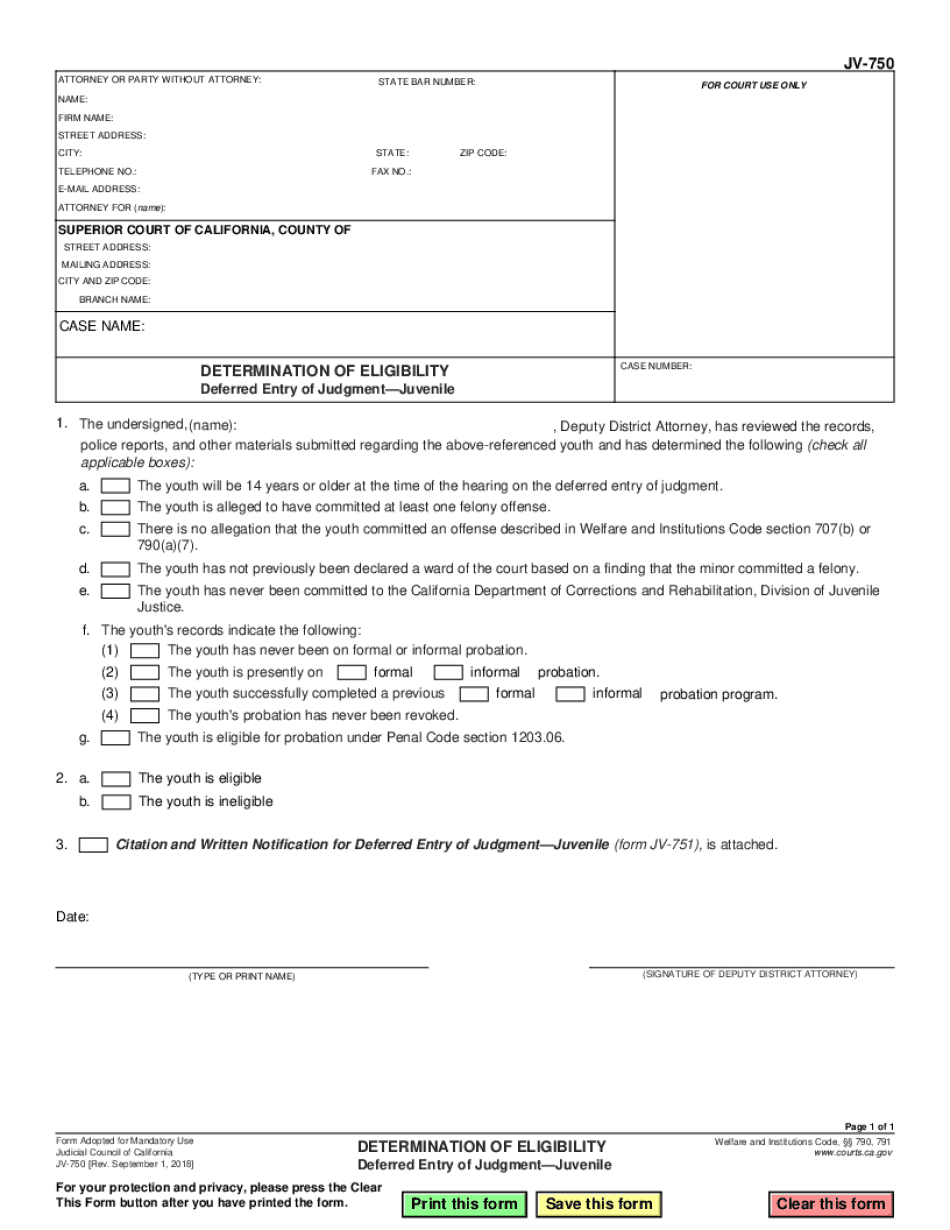  JV 750 Determination of Eligibility Deferred Entry of Judgment Juvenile Judicial Council Forms 2018-2024