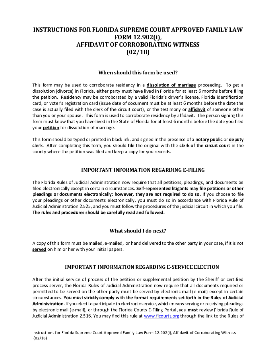  Instructions for Florida Supreme Court Approved Family Law Form 12 902i, Affidavit of Corroborating Witness 0218 Florida Supreme 2018-2024