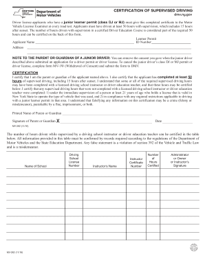 Certification of Supervised Driving  Form