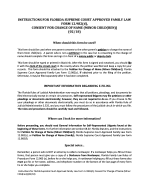  Florida Supreme Court Approved Family Law Form 12 982d, Consent for Change of Name Minor Children 0218 Florida Supreme Court App 2018-2024