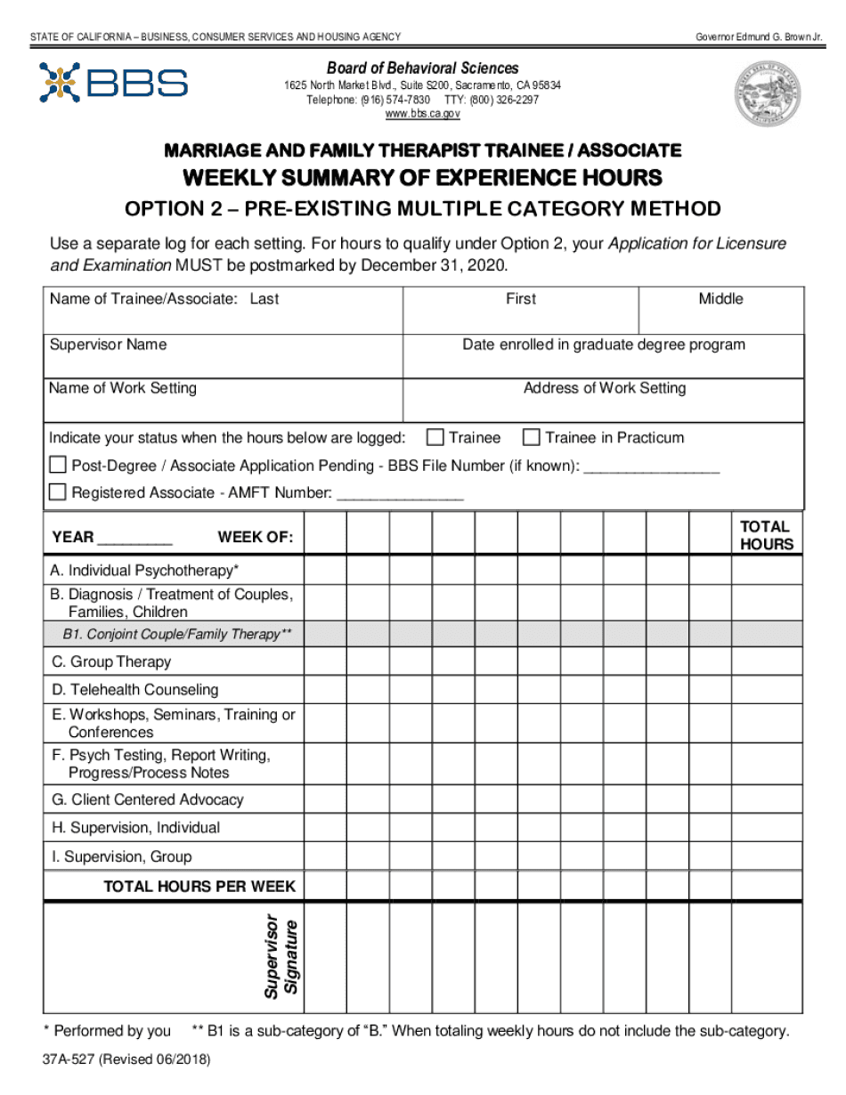  Marriage and Family Therapist Trainee Associate Weekly Summary of Experience Hours Option 2 2018-2024