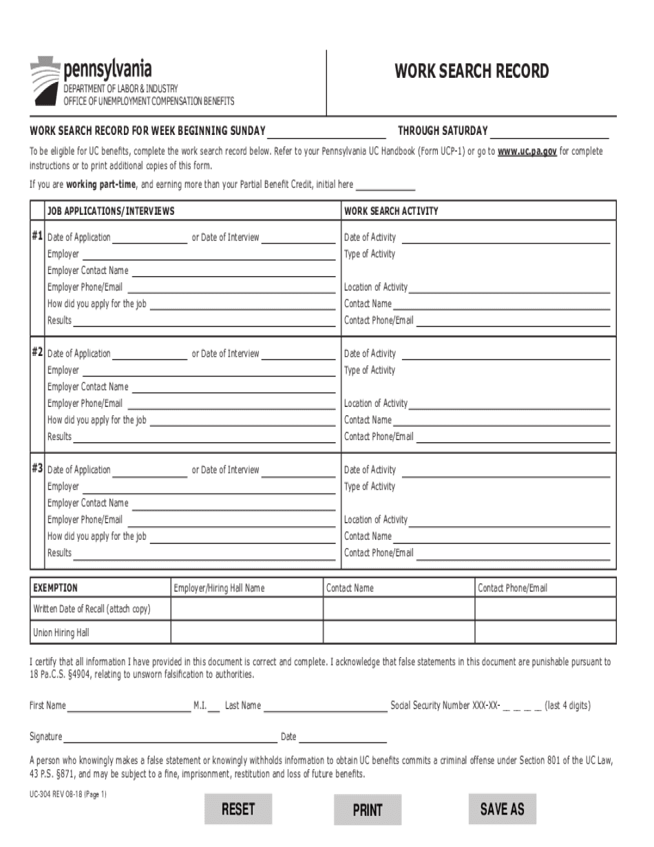 Pa Work Search Record  Form