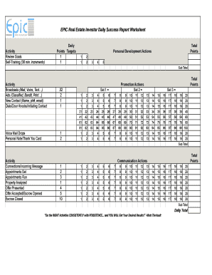 EPIC Real Estate Investor Daily Success Report Worksheet  Form