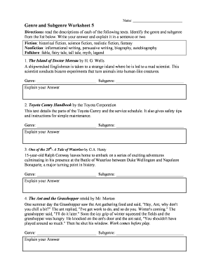 Genre and Subgenre Worksheet 2 Answer Key  Form