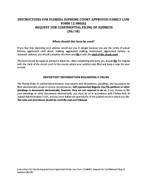  Instructions for Florida Supreme Court Approved Family Law Form 12 980h, Request for Confidential Filing of Address 0618 Florida 2018-2024