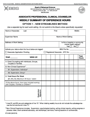  Associate Professional Clinical Counselor Weekly Summary of Experience Hours Option 1 2018