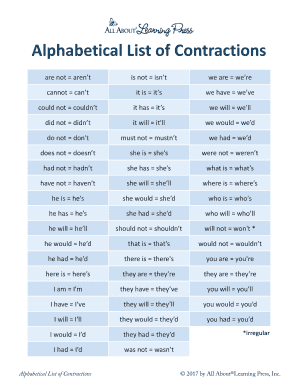 List of Contractions Printable  Form