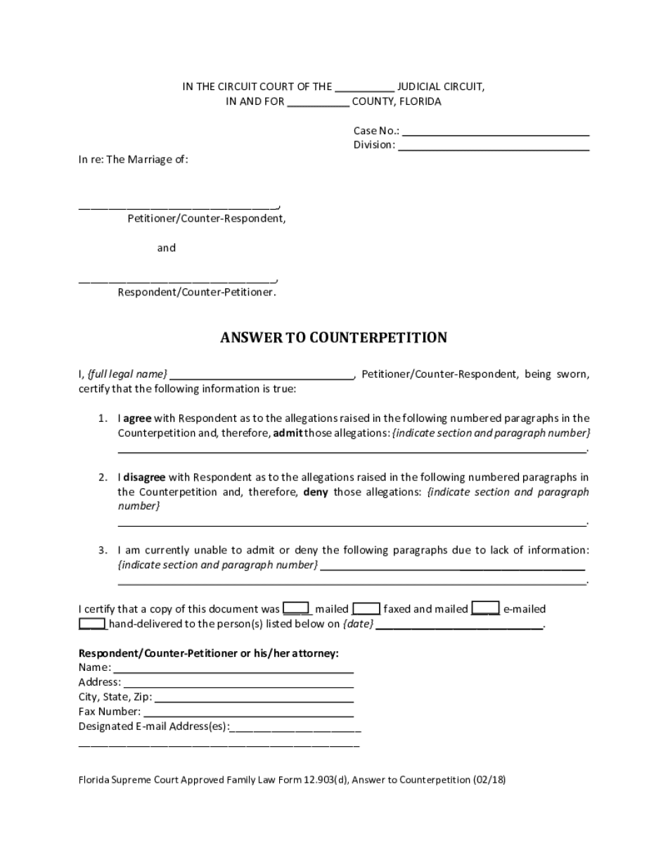  FLORIDA SUPREME COURT APPROVED FAMILY LAW FORM 12 903d, ANSWER to COUNTERPETITION FAMILY LAW FORM 12 903d, ANSWER to COUNTERPETI 2018-2024