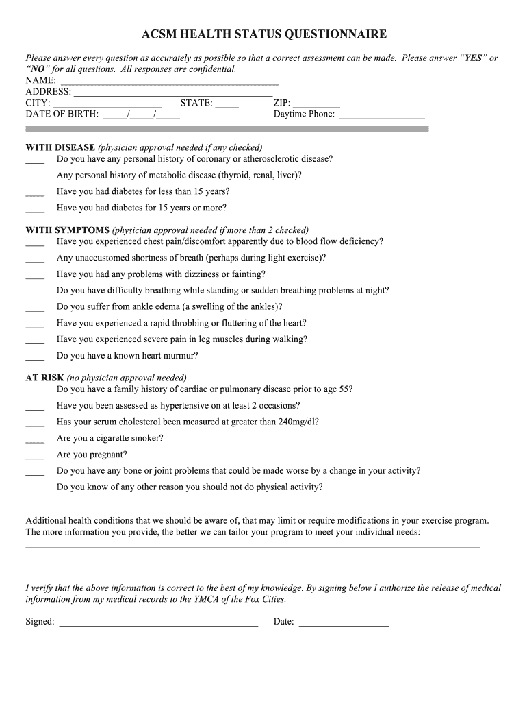Health Status Questionnaire  Form