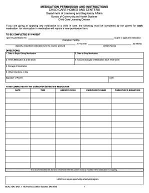 BCAL 1243 815 Child Care, Medication Permission  Form