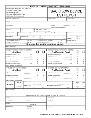 Test Report Backflow Device Des Moines Water Works  Form