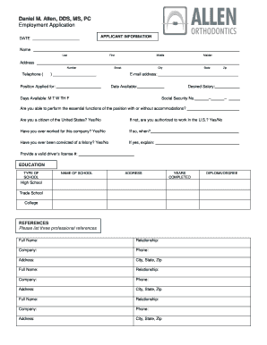 Allen Orthodontists Employment Application DOCX  Form