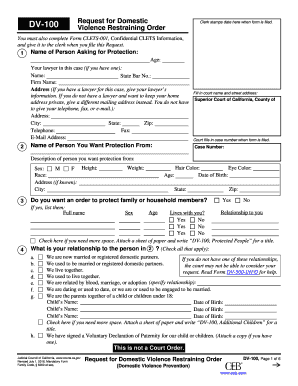 DV 100 Request for Domestic Violence Restraining Order Fillable Editable and Saveable California Judicial Council Forms