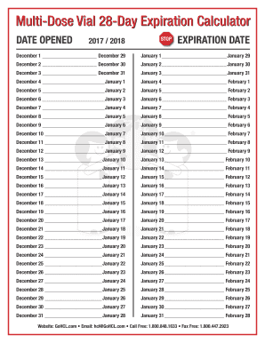 Multi Dose Vial 28 Day Expiration Calendar  Form