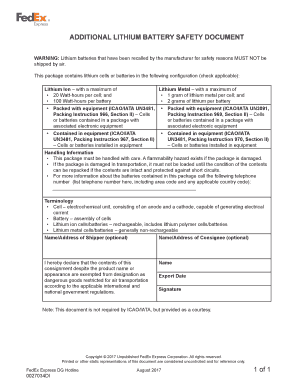 ADDITIONAL LITHIUM BATTERY SAFETY DOCUMENT  Form