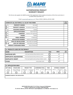 Waterproofing Product Warranty Request VP11416  Form