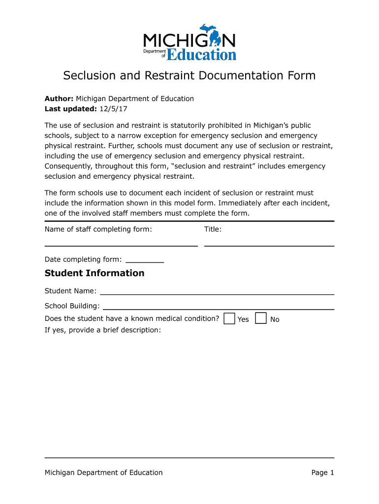  Emergency Seclusion and Emergency Physical Restraint Documentation Form Form for Schools to Document Each Incident of Emergency  2017-2024