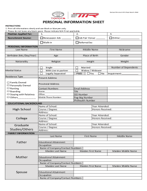 Toyota Customer Information Sheet