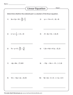 Linear Equation Ordered Pairs Math Worksheets 4 Kids  Form